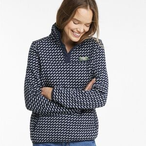 L.L.Bean Sweater Fleece Pullover navy blue white birdseye geometric pattern L